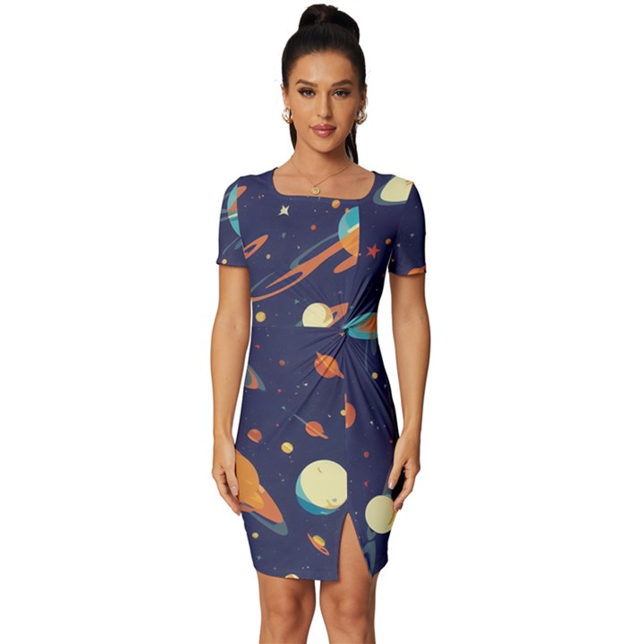 Space Galaxy Planet Universe Stars Night Fantasy Fitted Knot Split End Bodycon Dress