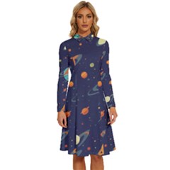 Space Galaxy Planet Universe Stars Night Fantasy Long Sleeve Shirt Collar A-line Dress by Ket1n9