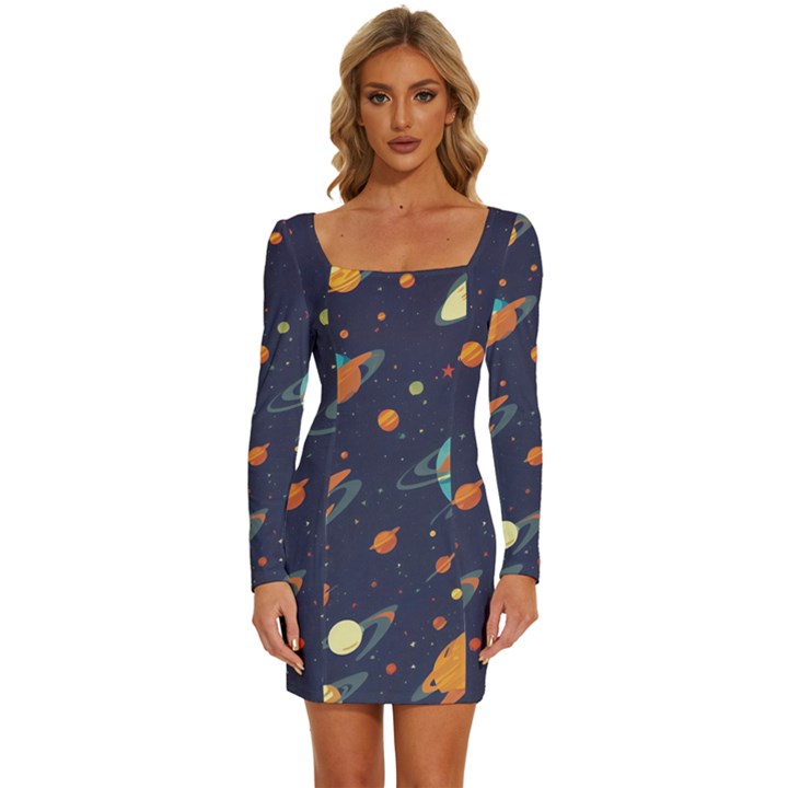 Space Galaxy Planet Universe Stars Night Fantasy Long Sleeve Square Neck Bodycon Velvet Dress