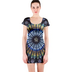 Stained Glass Rose Window In France s Strasbourg Cathedral Short Sleeve Bodycon Dress by Ket1n9