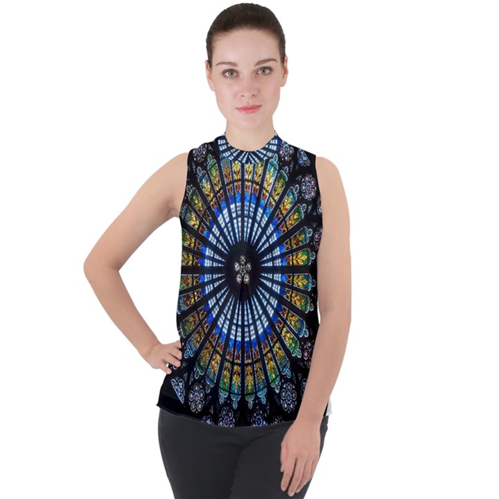 Stained Glass Rose Window In France s Strasbourg Cathedral Mock Neck Chiffon Sleeveless Top