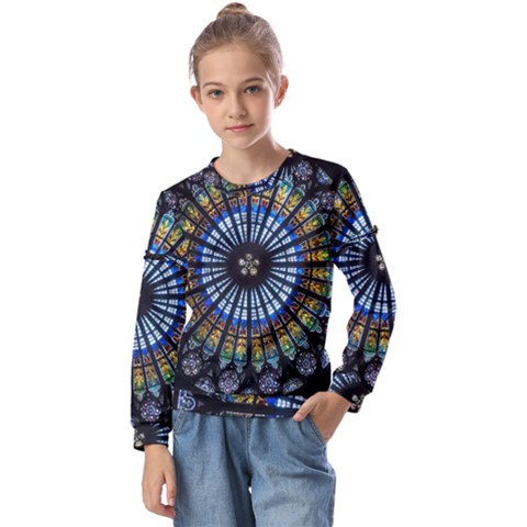 Stained Glass Rose Window In France s Strasbourg Cathedral Kids  Long Sleeve T-shirt With Frill  by Ket1n9