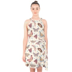 Pattern-with-butterflies-moths Halter Collar Waist Tie Chiffon Dress by Ket1n9