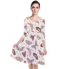 Pattern-with-butterflies-moths Quarter Sleeve Waist Band Dress by Ket1n9