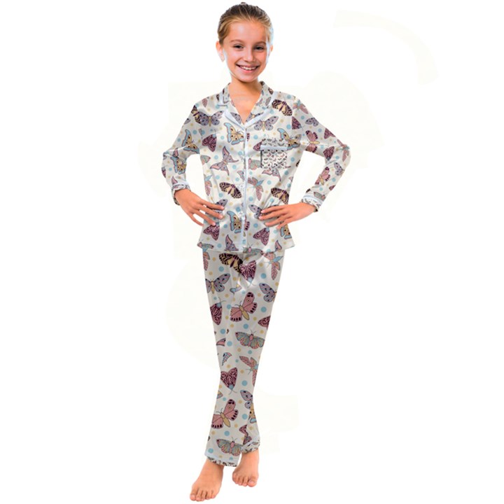 Pattern-with-butterflies-moths Kids  Satin Long Sleeve Pajamas Set