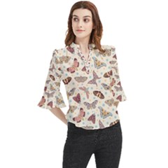 Pattern-with-butterflies-moths Loose Horn Sleeve Chiffon Blouse