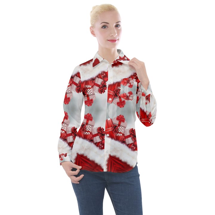 Christmas-background-tile-gifts Women s Long Sleeve Pocket Shirt