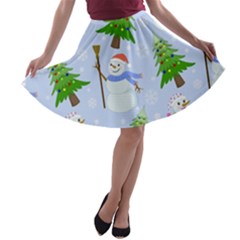 New Year Christmas Snowman Pattern, A-line Skater Skirt