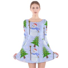 New Year Christmas Snowman Pattern, Long Sleeve Velvet Skater Dress by Grandong