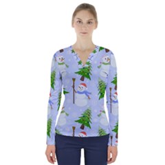 New Year Christmas Snowman Pattern, V-neck Long Sleeve Top by Grandong