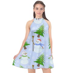 New Year Christmas Snowman Pattern, Halter Neckline Chiffon Dress  by Grandong