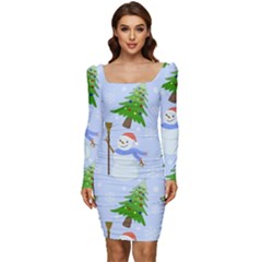 New Year Christmas Snowman Pattern, Women Long Sleeve Ruched Stretch Jersey Dress by Grandong