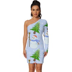 New Year Christmas Snowman Pattern, Long Sleeve One Shoulder Mini Dress by Grandong