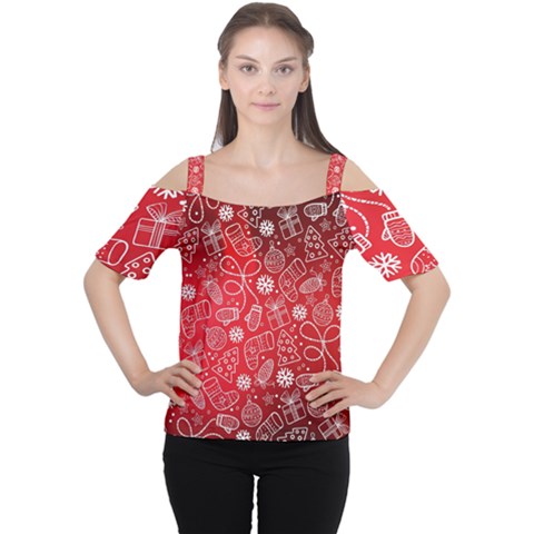 Christmas Pattern Red Cutout Shoulder T-shirt by Grandong