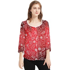 Christmas Pattern Red Chiffon Quarter Sleeve Blouse by Grandong