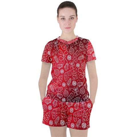 Christmas Pattern Red Women s T-shirt And Shorts Set by Grandong