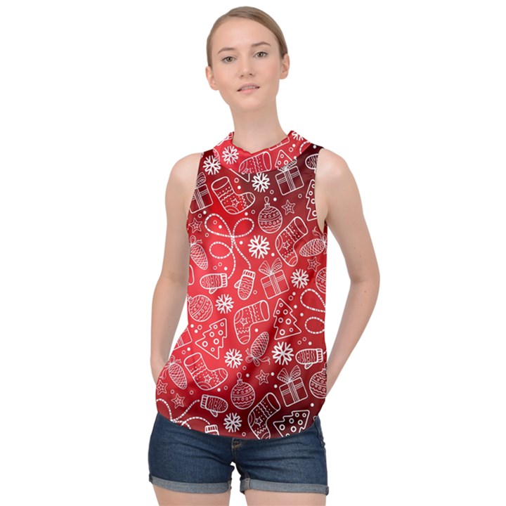 Christmas Pattern Red High Neck Satin Top