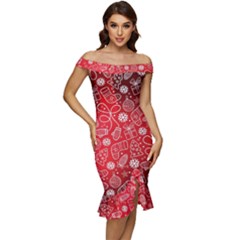 Christmas Pattern Red Off Shoulder Ruffle Split Hem Bodycon Dress by Grandong