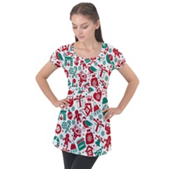 Background Vector Texture Christmas Winter Pattern Seamless Puff Sleeve Tunic Top by Grandong