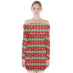 Christmas-papers-red-and-green Long Sleeve Off Shoulder Dress by Grandong