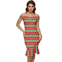 Christmas-papers-red-and-green Off Shoulder Ruffle Split Hem Bodycon Dress by Grandong