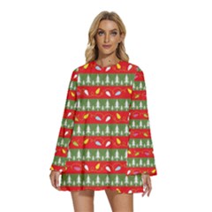 Christmas-papers-red-and-green Round Neck Long Sleeve Bohemian Style Chiffon Mini Dress by Grandong