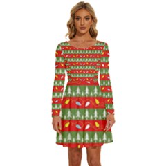 Christmas-papers-red-and-green Long Sleeve Wide Neck Velvet Dress by Grandong