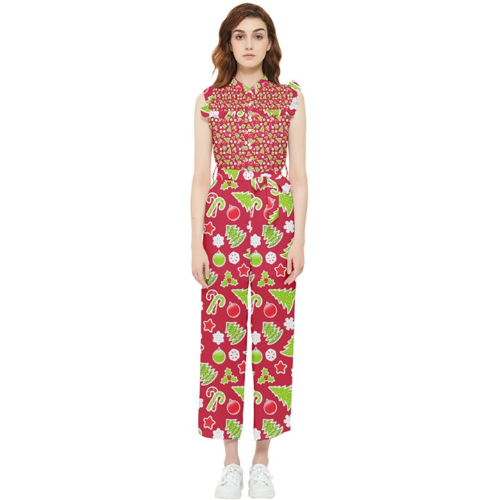 Christmas-paper-scrapbooking-pattern Women s Frill Top Chiffon Jumpsuit