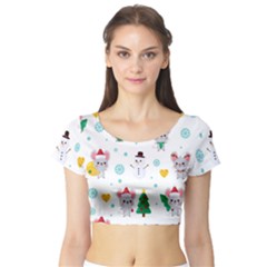 Christmas-seamless-pattern-with-cute-kawaii-mouse Short Sleeve Crop Top