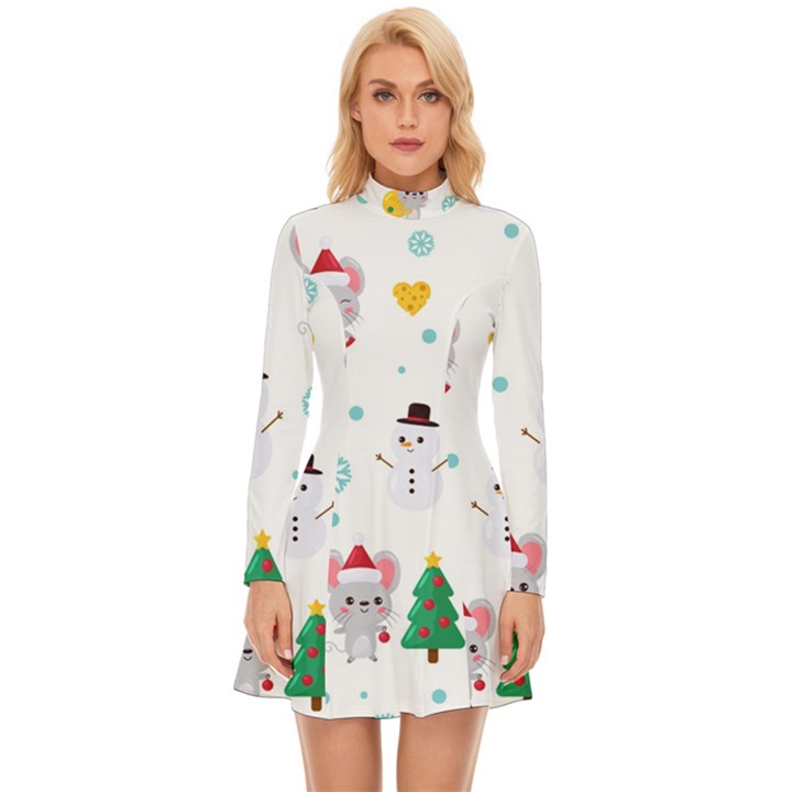 Christmas-seamless-pattern-with-cute-kawaii-mouse Long Sleeve Velour Longline Dress