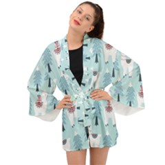 Christmas-tree-cute-lama-with-gift-boxes-seamless-pattern Long Sleeve Kimono by Grandong