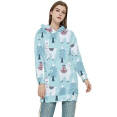 Christmas-tree-cute-lama-with-gift-boxes-seamless-pattern Women s Long Oversized Pullover Hoodie by Grandong