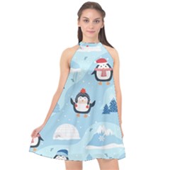 Christmas-seamless-pattern-with-penguin Halter Neckline Chiffon Dress  by Grandong