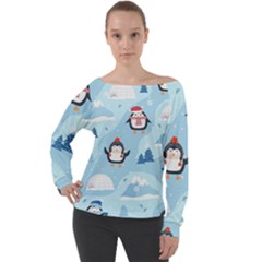 Christmas-seamless-pattern-with-penguin Off Shoulder Long Sleeve Velour Top by Grandong