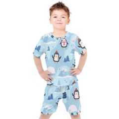 Christmas-seamless-pattern-with-penguin Kids  T-shirt And Shorts Set by Grandong