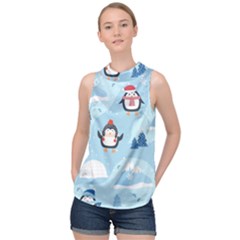 Christmas-seamless-pattern-with-penguin High Neck Satin Top by Grandong