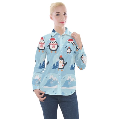 Christmas-seamless-pattern-with-penguin Women s Long Sleeve Pocket Shirt by Grandong