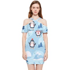 Christmas-seamless-pattern-with-penguin Shoulder Frill Bodycon Summer Dress by Grandong