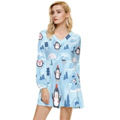 Christmas-seamless-pattern-with-penguin Tiered Long Sleeve Mini Dress by Grandong