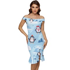 Christmas-seamless-pattern-with-penguin Off Shoulder Ruffle Split Hem Bodycon Dress by Grandong