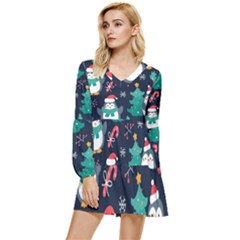 Colorful-funny-christmas-pattern      - Tiered Long Sleeve Mini Dress by Grandong