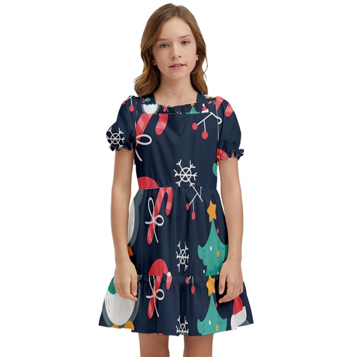 Colorful-funny-christmas-pattern      - Kids  Puff Sleeved Dress