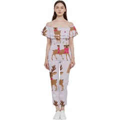 Christmas-seamless-pattern-with-reindeer Bardot Ruffle Jumpsuit