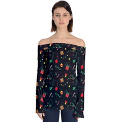 Christmas Pattern Texture Colorful Wallpaper Off Shoulder Long Sleeve Top by Grandong