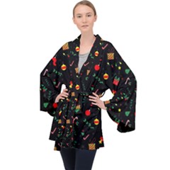 Christmas Pattern Texture Colorful Wallpaper Long Sleeve Velvet Kimono  by Grandong