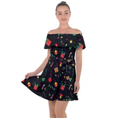 Christmas Pattern Texture Colorful Wallpaper Off Shoulder Velour Dress by Grandong