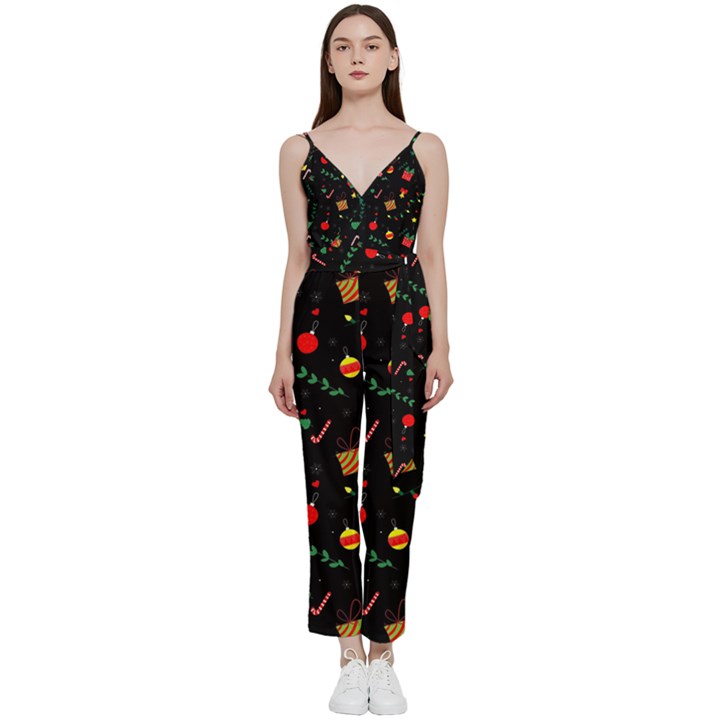 Christmas Pattern Texture Colorful Wallpaper V-Neck Camisole Jumpsuit