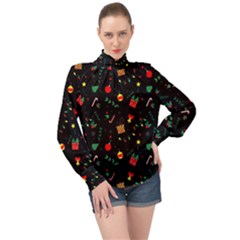 Christmas Paper Stars Pattern Texture Background Colorful Colors Seamless Copy High Neck Long Sleeve Chiffon Top