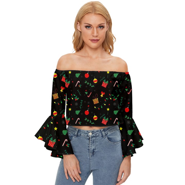 Christmas Pattern Texture Colorful Wallpaper Off Shoulder Flutter Bell Sleeve Top