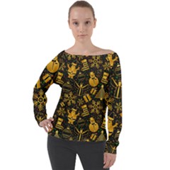 Christmas Background Seamless Pattern Pattern Off Shoulder Long Sleeve Velour Top by Grandong